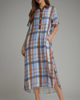 Plaid Short Sleeve Midi Dress - Blue & Brown