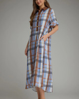 Plaid Short Sleeve Midi Dress - Blue & Brown