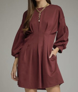 Maroon Solid Long Sleeve Mini Dress 