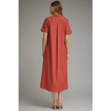 Brick Solid Cotton Midi Dress - Brick