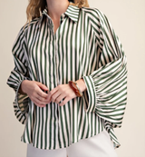 Olive Striped Satin Feel Bubble Sleeve Top 