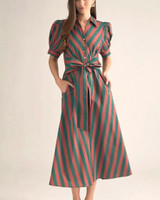 Puff Sleeve Stripe Midi Dress - Hunter Rust