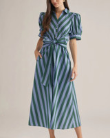 Puff Sleeve Stripe Midi Dress - Blue Hunter