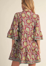 Boho Paisley Mini Dress - Olive/Wine