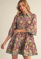 Boho Paisley Mini Dress - Olive/Wine