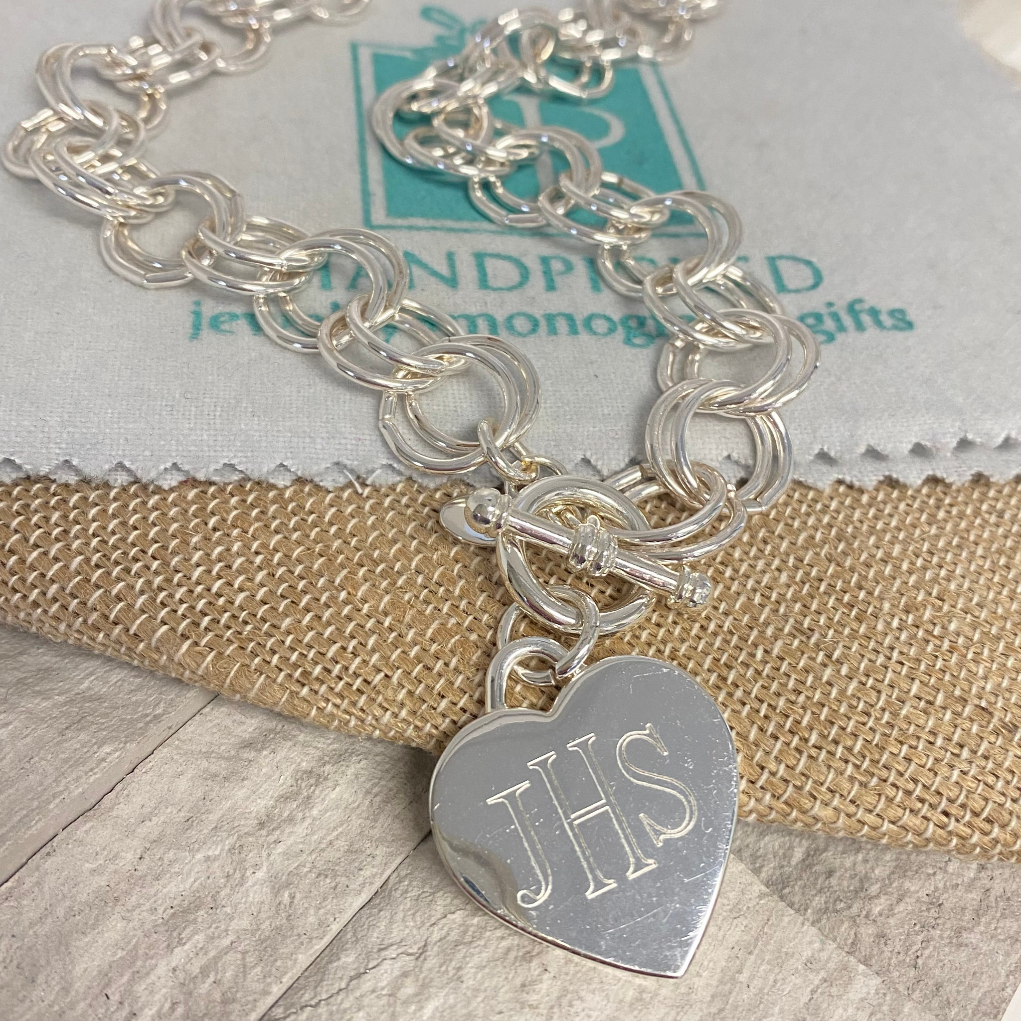 Heart Charm Silver Plated Monogram Link Bracelet