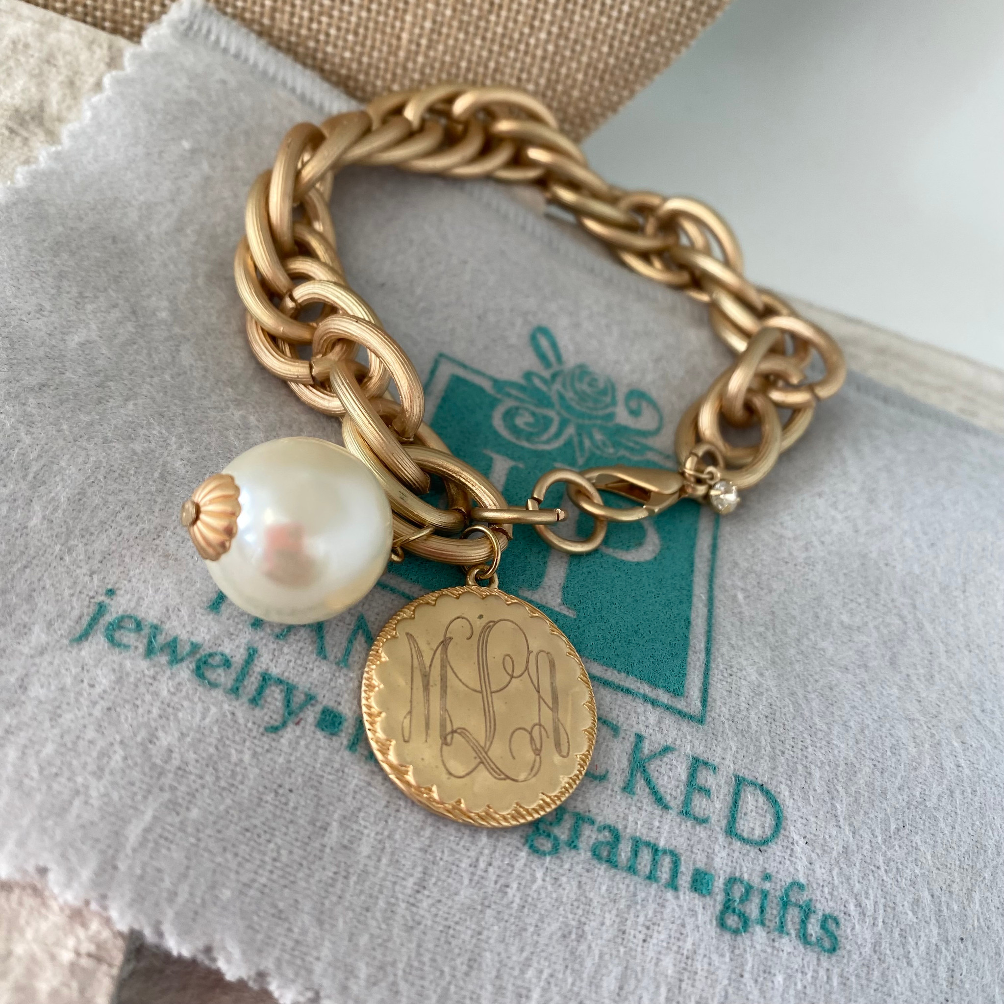 Monogram Disc Bracelet with Pearl - Fashion Gold