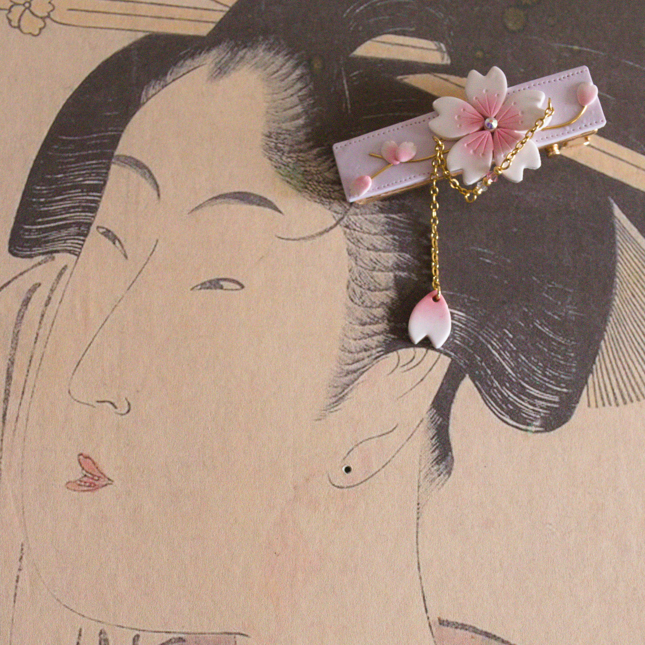 SAKURA Cherry Blossom Dangle Crystal Slide Kanzashi Alligator Hair