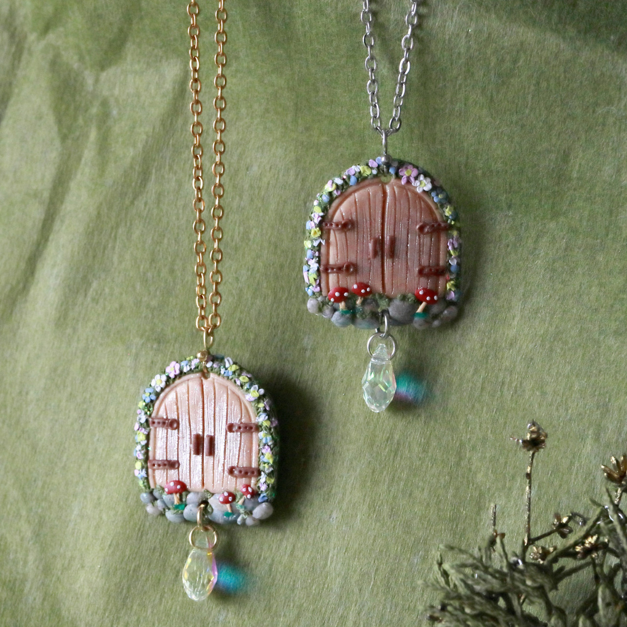 FAIRY DOORS Polymer Clay Holo Crystal Drop Necklace Fantasy
