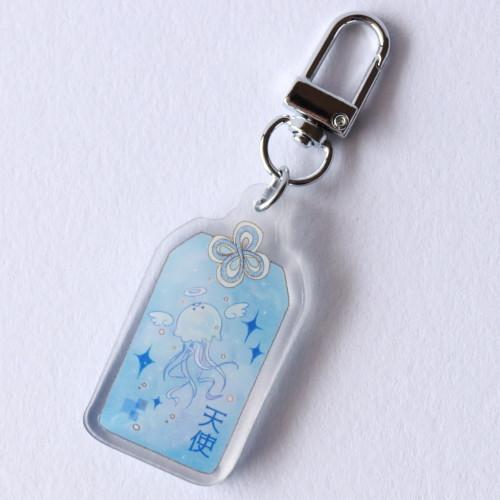 TENSHI JELLYFISH Tenshi Kaiwai Acrylic Silver Hot Stamped Cute Omamori Angel Jellyfish Charm Keychain | Mochi La Vie - Designed in Australia