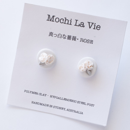 White Rose Freshwater Pearl Polymer Clay Stud Earring Stainless Steel Romantic Bridal Handmade in Australia - Mochi La Vie