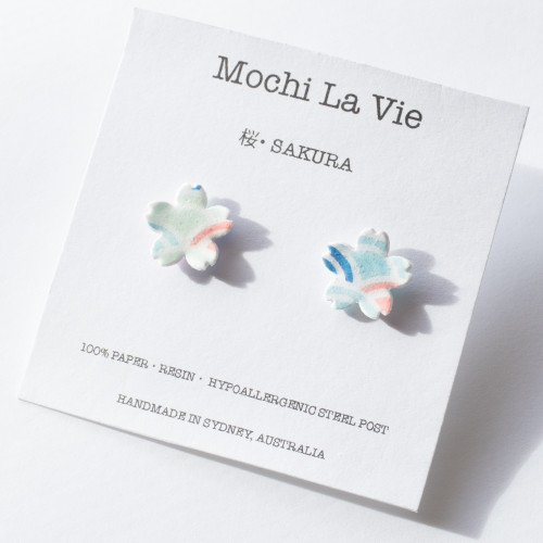 Chiyogami Paper Cherry Blossom Studs with resin coating in various colours and Japanese Prints | Handmade in Australia - Mochi La Vie