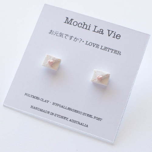 Cute Valentines Love Letter Envelope Pastel Heart Mini Stud Earring Stainless Steel Polymer Clay | Handmade in Sydney - Mochi La Vie