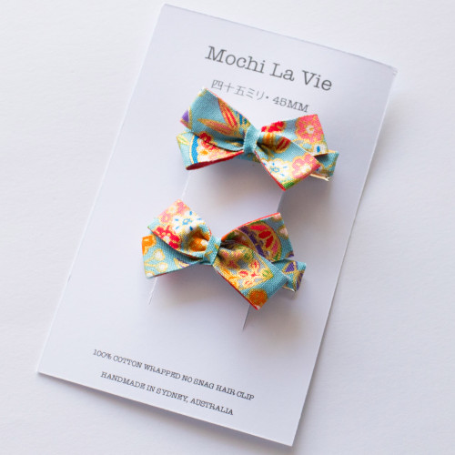 Set of 2 Baby/Toddler Pinwheel Bow Hair Clips in 100% Cotton Japanese Print Handmade in Australia - Mochi La Vie