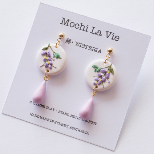 Wisteria FUJI Flower Polymer Clay Stud Drop Stainless Steel Earring - Handmade in Sydney Australia | Mochi La Vie