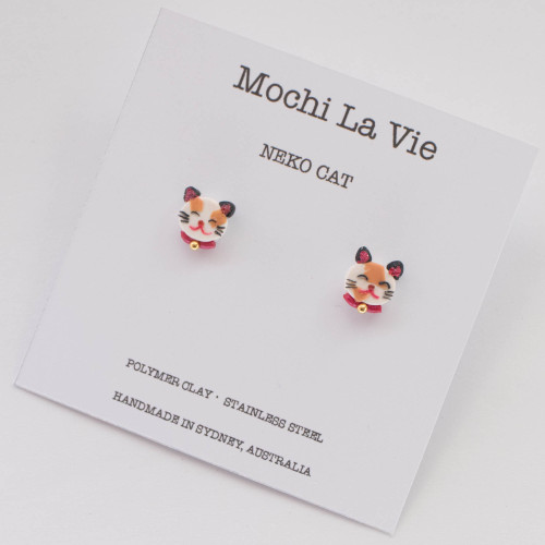 Cute Neko Cat Fortune Cat Mini Stud Earring Stainless Steel Polymer Clay | Handmade in Sydney - Mochi La Vie