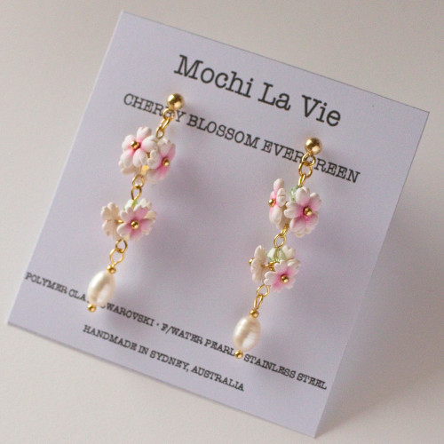 Cherry Blossom EVERGREEN Crystal Freshwater Pearl Polymer Clay Dangle Drop Stainless Steel Earring | Mochi La Vie - Handmade in Sydney, Australia