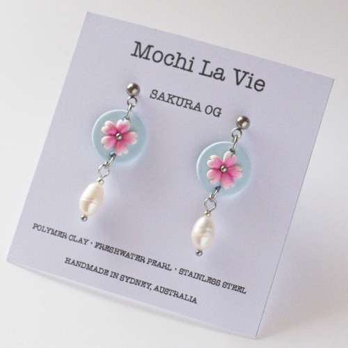 Cherry Blossom SAKURA OG Small Circle Freshwater Pearl Polymer Clay Stainless Steel Stud Drop Earring | Mochi La Vie - Handmade in Sydney, Australia