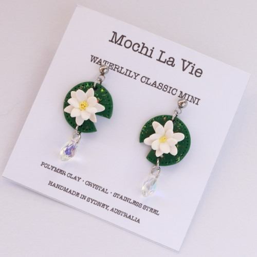 Waterlily Classic Mini 2.0 SUIREN Small Circle with Holo Crystal Drop Earring Handmade Polymer Clay Jewellery | Mochi La Vie - Made in Sydney, Australia