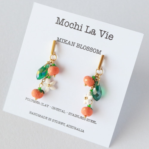MIKAN BLOSSOM Polymer Clay Citrus Flower Fruit Crystal Chain Bar Stud Drop Stud Earrings Stainless Steel Handmade in Australia - Mochi La Vie