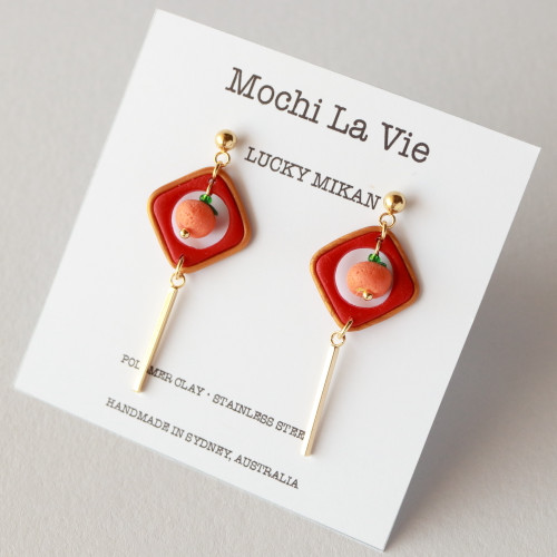 LUCKY MIKAN Lunar New Year Polymer Clay Orange Citrus Fruit Gold Bar Drop Stud Earrings Stainless Steel Handmade in Australia - Mochi La Vie