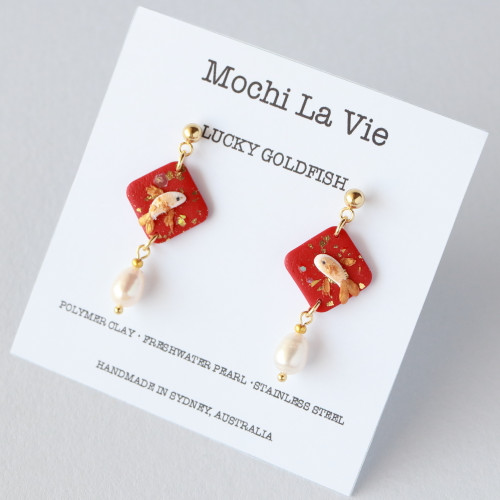 LUCKY GOLDFISH Lunar New Year Polymer Clay Freshwater Pearl Drop Stud Earrings Stainless Steel Handmade in Australia - Mochi La Vie