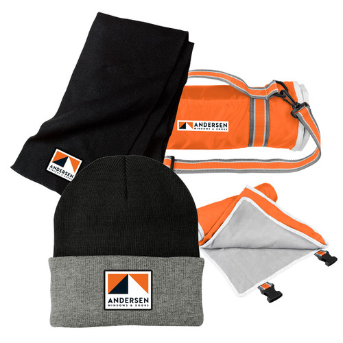 Gift Box Kit With Knit Cap With Cuff, Scarf And Roll Up Blanket
