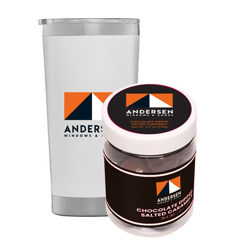 Gift Box Kit With 20 Oz Tumbler And Chocolate Dipped Salted Caramels