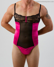 Lovely Rachel thong teddy has one way stretch satin with sheer panels at the front and back to create a perfect fit.