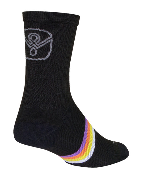 WEND SGX sock, black with purple, orange, yellow, and white striping close to toe. WEND logo on the back of ankle.