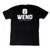 Back view of WEND logo t-shirt. Black cotton with white screen printed logo across shoulder blades.