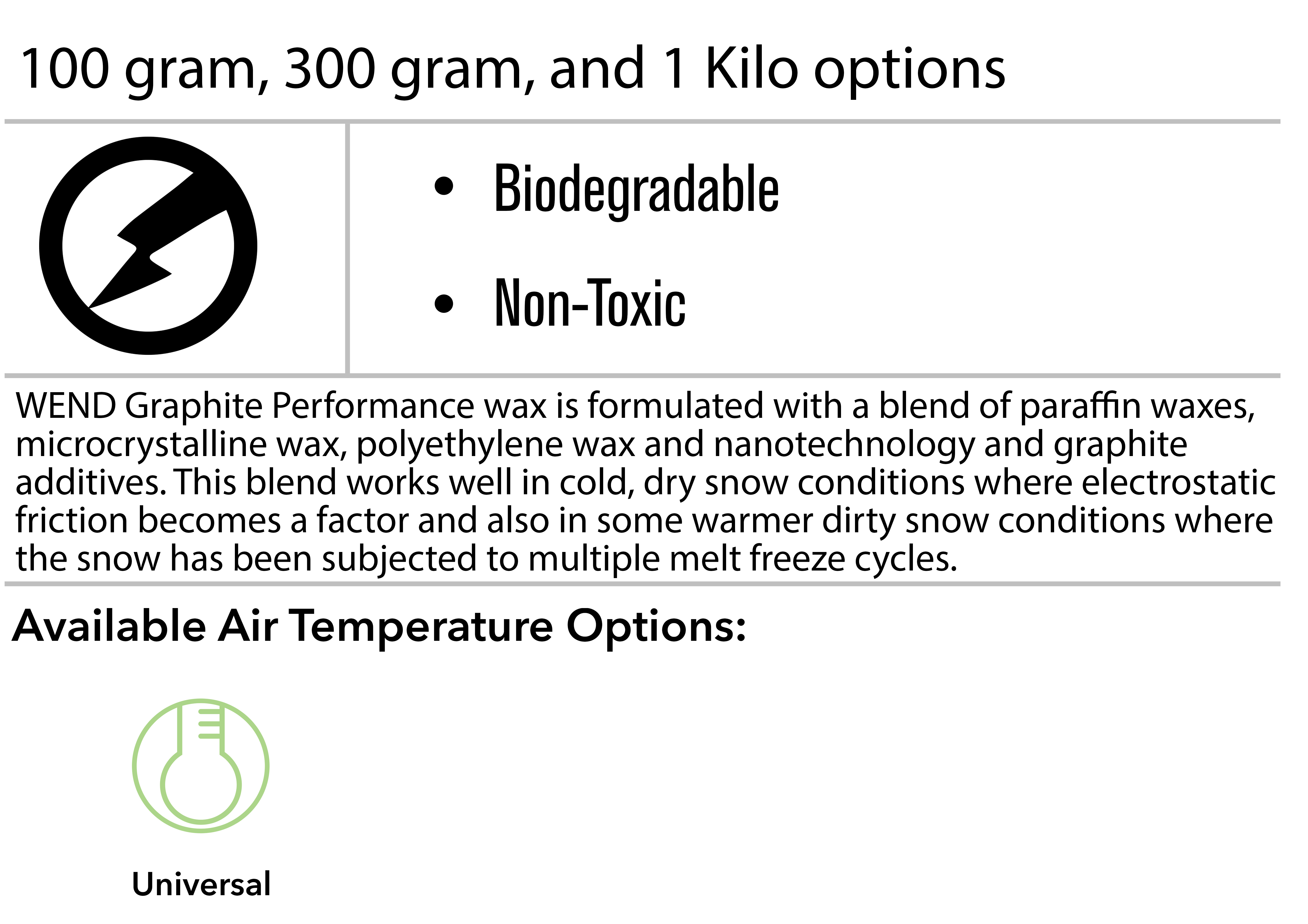 100 grams, 300 grams or Kilo options.  Biodegradable, non-toxic. WEND Graphite Performance wax is formulated with a blend of paraffin waxes, microcrystalline wax, polyethylene wax and nanotechnology and graphite additives. This blend works well in cold, dry snow conditions where electrostatic friction becomes a factor and also in some warmer dirty snow conditions where the snow has been subjected to multiple melt freeze cycles. Available Air Temperature Options: Universal. 