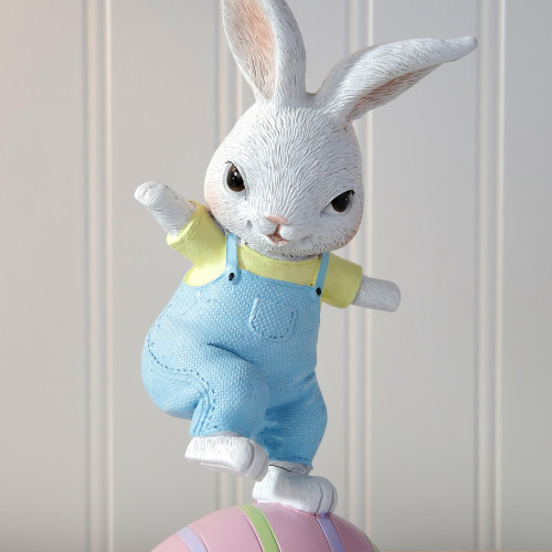 Balancing Bunny in Egg- Blue Overalls