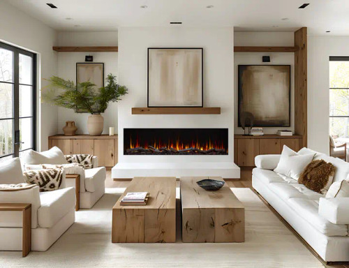 Premium SimpliFire Triton 65-inch 3-sided linear electric fireplace recessed into a wall, showcasing an extra-tall glass viewing area and thick timber logs.