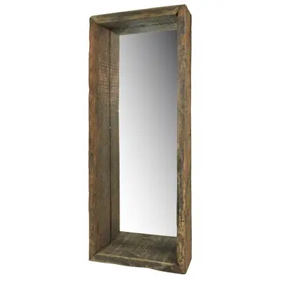 Ingram reclaimed wood wall mirror with deep rustic frame hanging vertically.