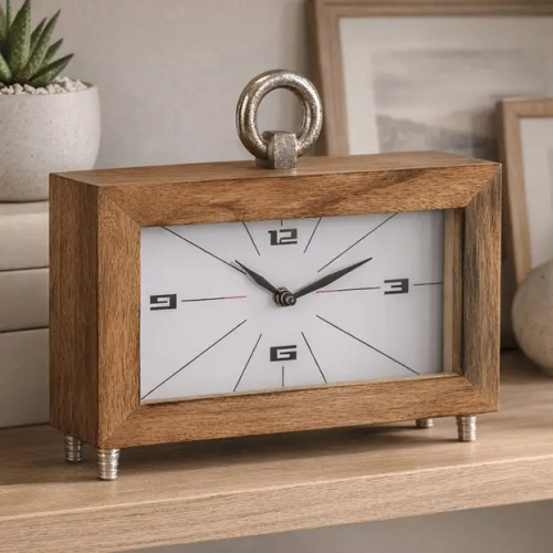 10-inch brown wood rectangular table clock with a sleek metal ring handle, white analog face, and bold black Arabic numerals.