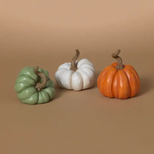 An elegant, realistically styled faux white Cinderella pumpkin featuring a beautifully detailed stem, perfect for upscale autumn, Thanksgiving, and Halloween home decor displays.