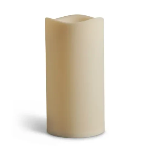 A premium, weather-resistant white pillar LED candle designed for indoor and outdoor use, featuring a highly realistic moving or flickering flame that mimics a true wax candle.