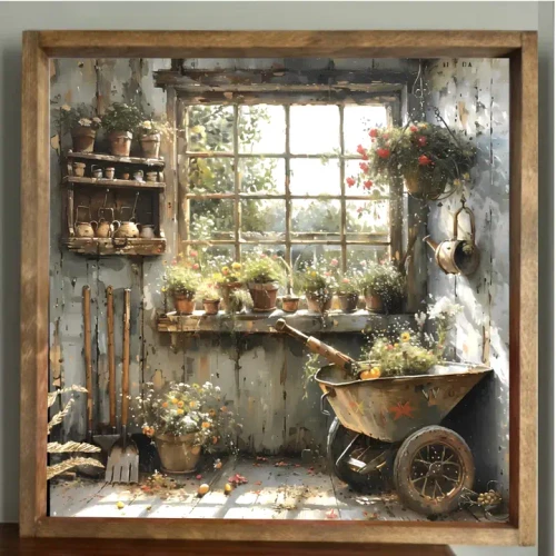 Rustic farmhouse wall sign featuring a charming vintage garden shed with potted flowers, gardening tools, a wheelbarrow, and a sunlit cottage window in a distressed wood frame.