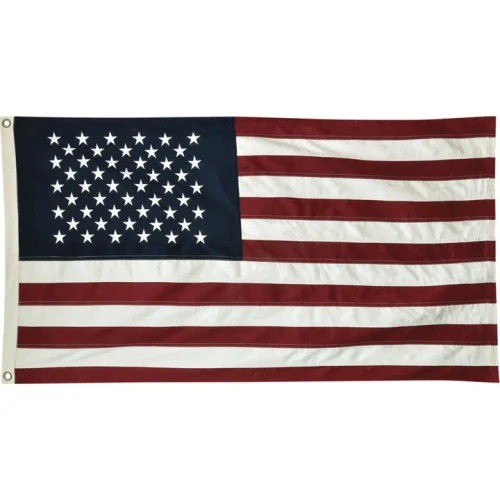 Picture Description (Alt Text):
Muted vintage style Natural American Flag featuring a rustic cream and deep navy color palette with stitched details.