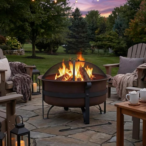 Steel Wood Burning Fire Pit with Spark Screen, Poker & Cover -  Bronze
