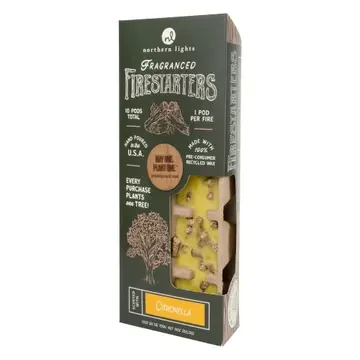 Package of citronella-scented Firestarter featuring natural wood wool and wax fire-starting cubes for fireplaces, campfires, and fire pits.