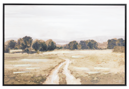An elegant landscape artwork titled 'Morning Mist on the Meadow' depicting a peaceful, foggy field with a rustic path winding through soft grass under a hazy morning sky.