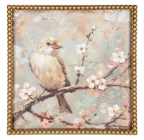 An elegant botanical artwork titled 'Bird on Luminous Bloom - I' depicting a detailed, small bird perched gracefully on a vibrant, softly glowing flower blossom.