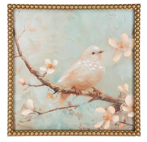 An elegant botanical artwork titled 'Bird on Luminous Branch - II' depicting a detailed, small bird perched gracefully on a vibrant, softly glowing floral branch.