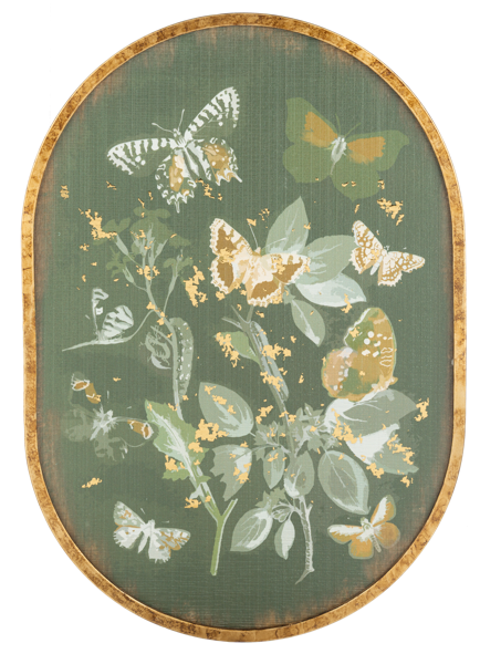 An elegant botanical artwork titled 'The Gilded Garden - I' depicting a lush, sophisticated arrangement of flowers and foliage accented with delicate golden highlights.