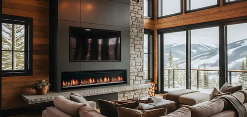 A sleek, modern 78-inch SimpliFire Allusion Edge linear electric fireplace recessed into a wall, showcasing dynamic glowing timber logs and vibrant flame effects.