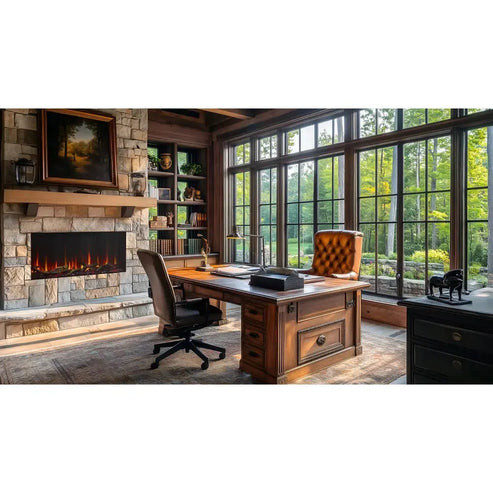 The premium SimpliFire Scion 43-inch refreshed linear electric fireplace installed fully flush into a custom wall, presenting vivid LED flames over a driftwood log layout.