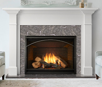 Heat N Glo 8KL 42-Inch Direct Vent Gas Fireplace propane model featuring a traditional flame presentation, realistic logs, and a textured Serene Jute refractory liner.
