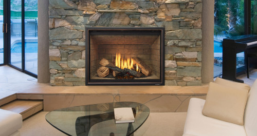 Heat & Glo 8KX 42-Inch Direct Vent Gas Fireplace featuring a massive, clear fire view, premium log presentation, and a traditional Serene Jute refractory interior liner.